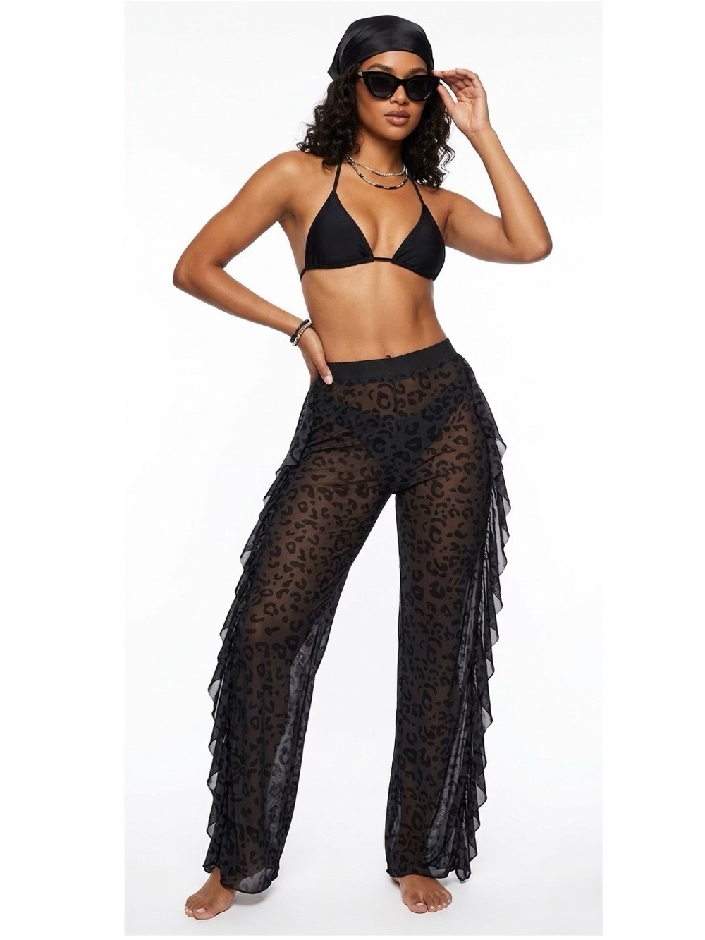 Black sheer mesh beach cover up pants side, ruffle, see-through waistband